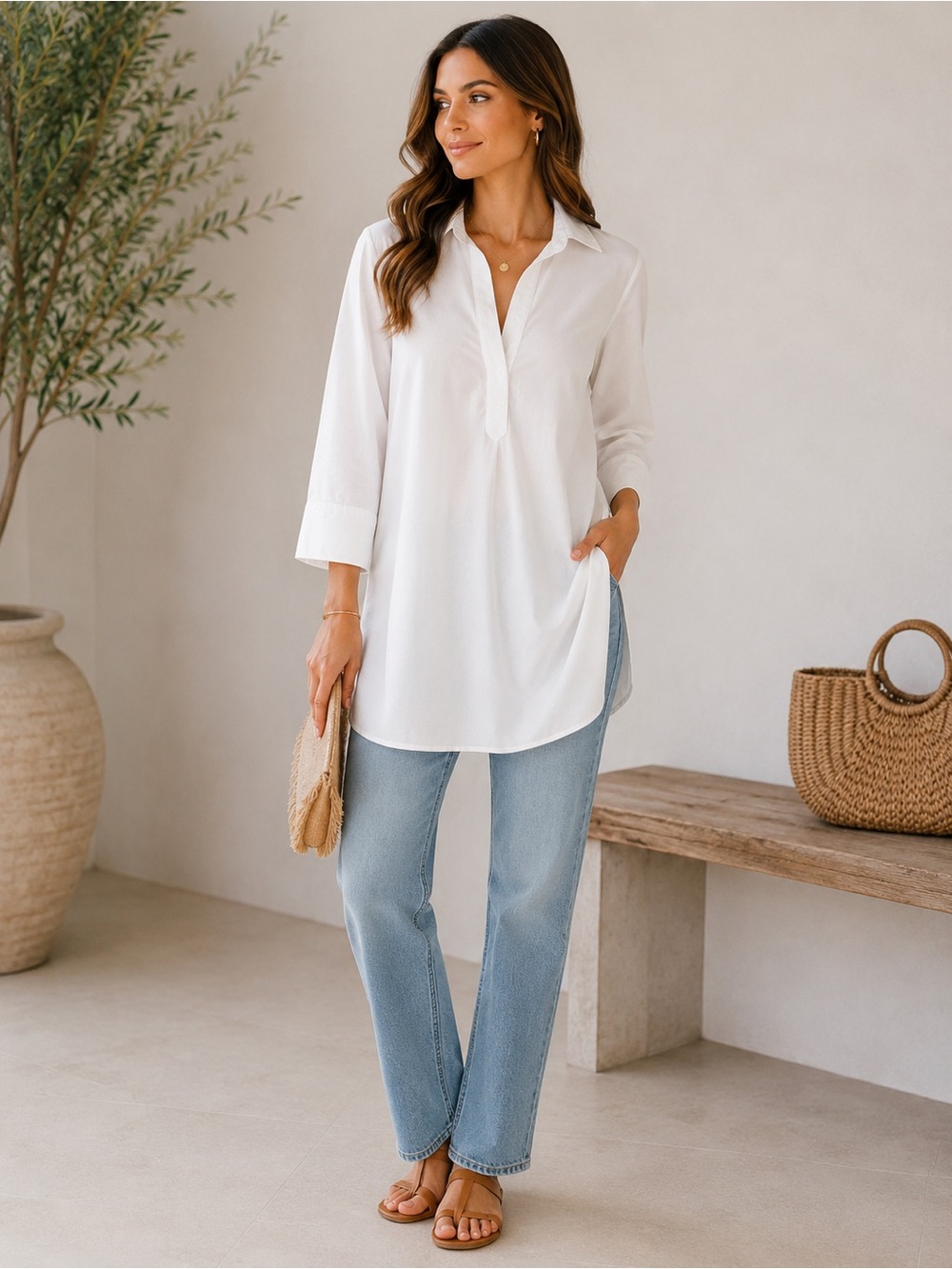 Zara White Long-Sleeve Collared Tunic Top